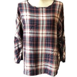 𝅺COMO Blu Tunic Size Large Red Plaid Blouse 3/4” Bell Sleeves Back Keyhole New